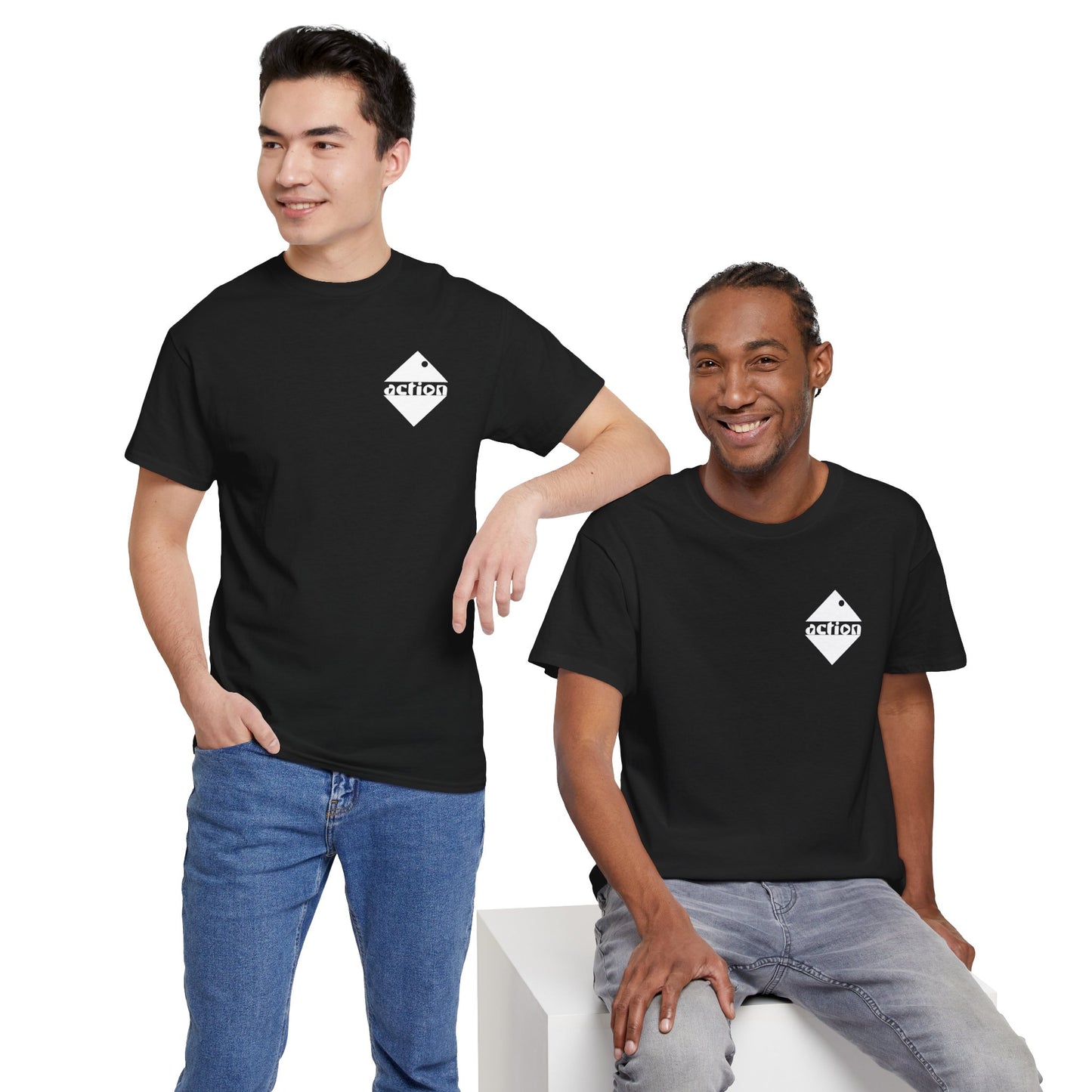 Two male models wearing the action cotton t-shirt and smiling.