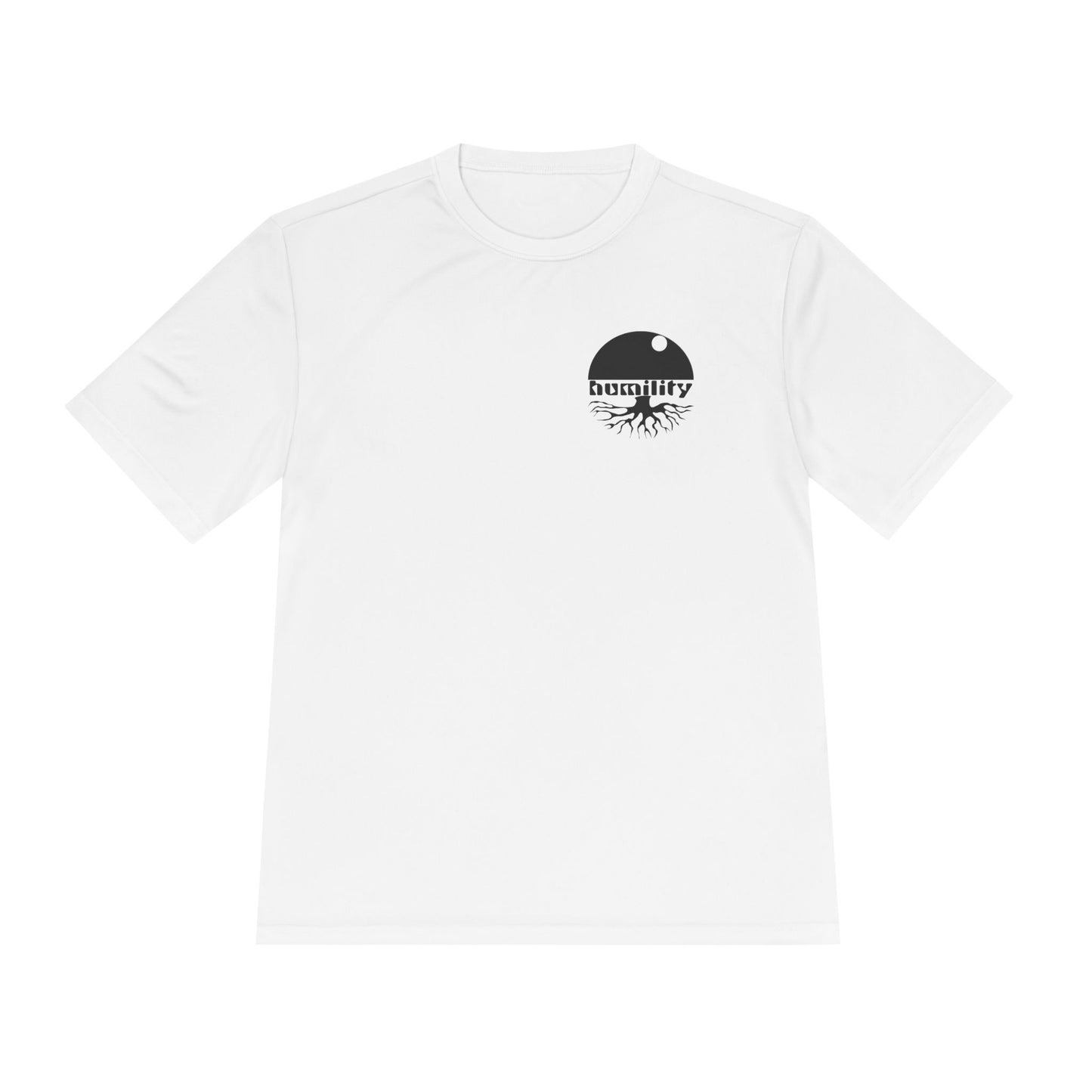 A full view of the Humility - Moisture Wicking T-shirt by Aethos Clothing. The full view shows the quality of the 100% polyester material and the bold humility design on the upper left chest.