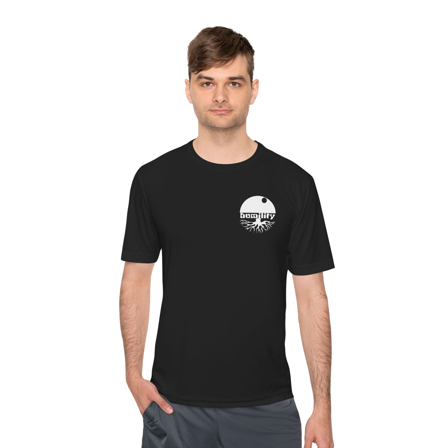 A male model wearing the t-shirt showing the bold humility logo on the upper left chest.