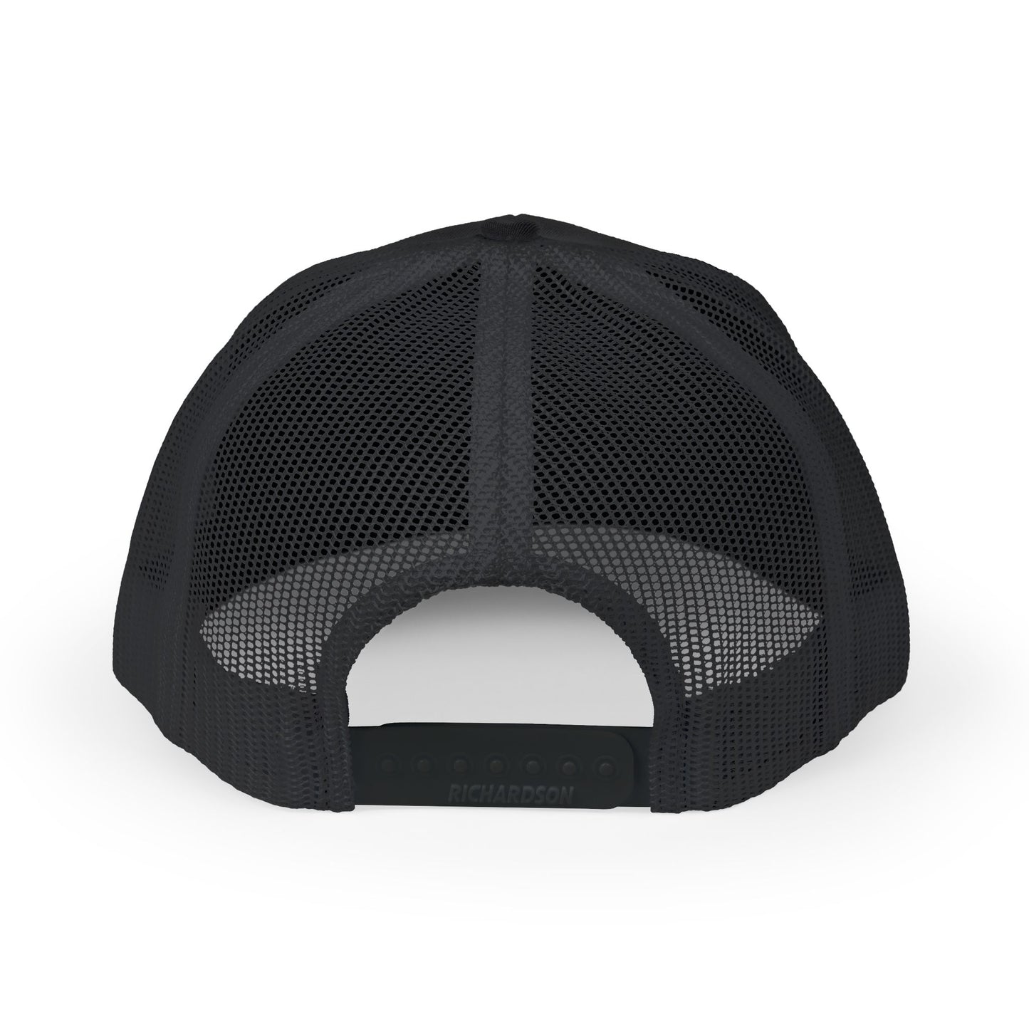 A close up view of the back of the Humility Trucker hat by aethos clothing showing the mesh material and the snapback design.