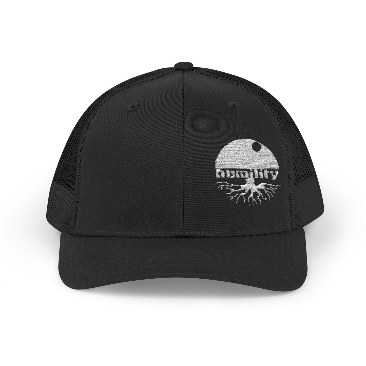 A front view of the black snapback Trucker Hat by Aethos Clothing showing the embroidered Humility design and the quality of the material.