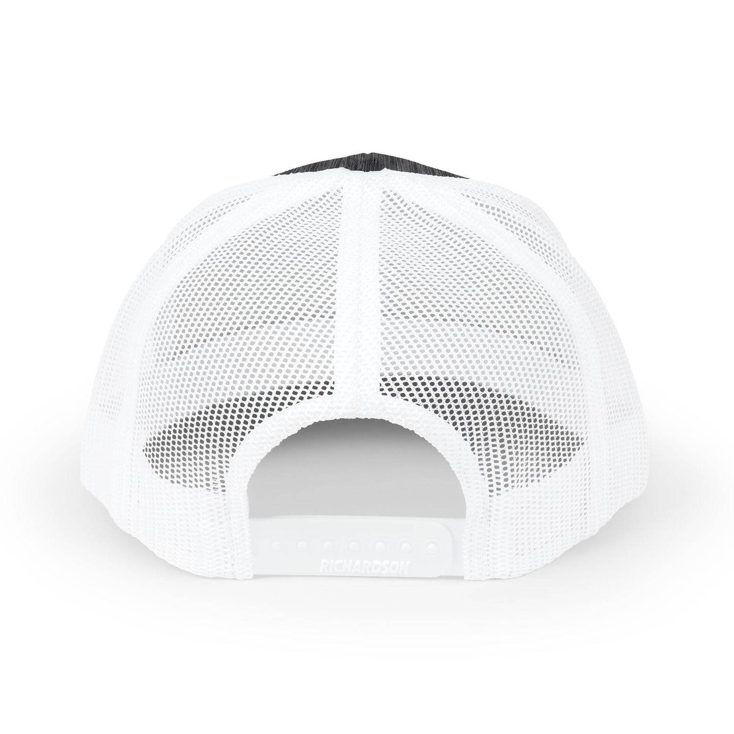A close up back view of the Humility Trucker Hat showing the mesh material and the snapback design.