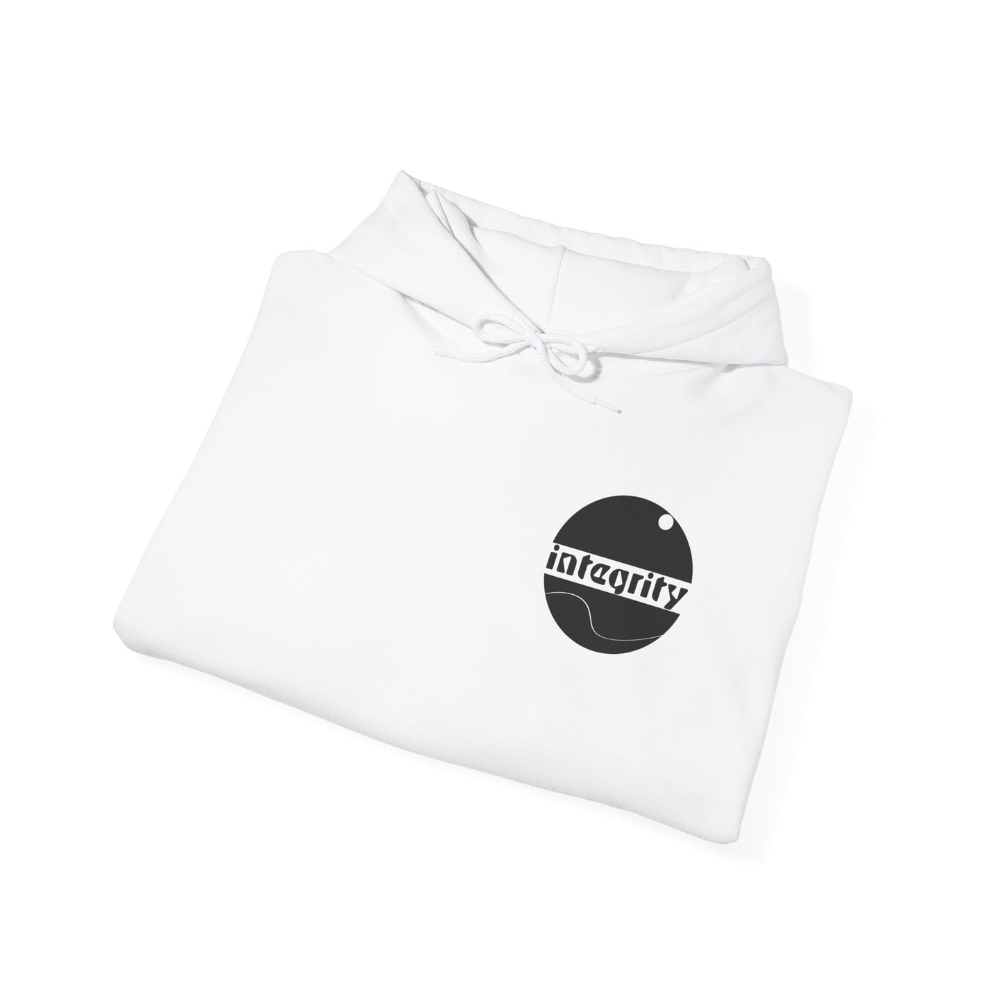 A detailed view showing the white integrity hoodie folded up and a close-up view of the bold logo on the upper left chest.