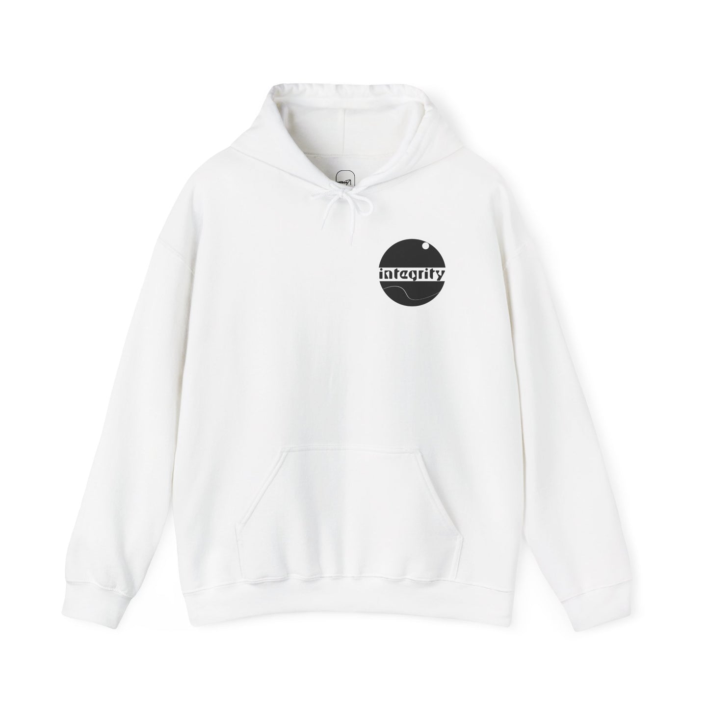 A front view of the white integrity hoodie showing the bold design on the upper left chest, the drawstring design, the pockets, and the label tag.