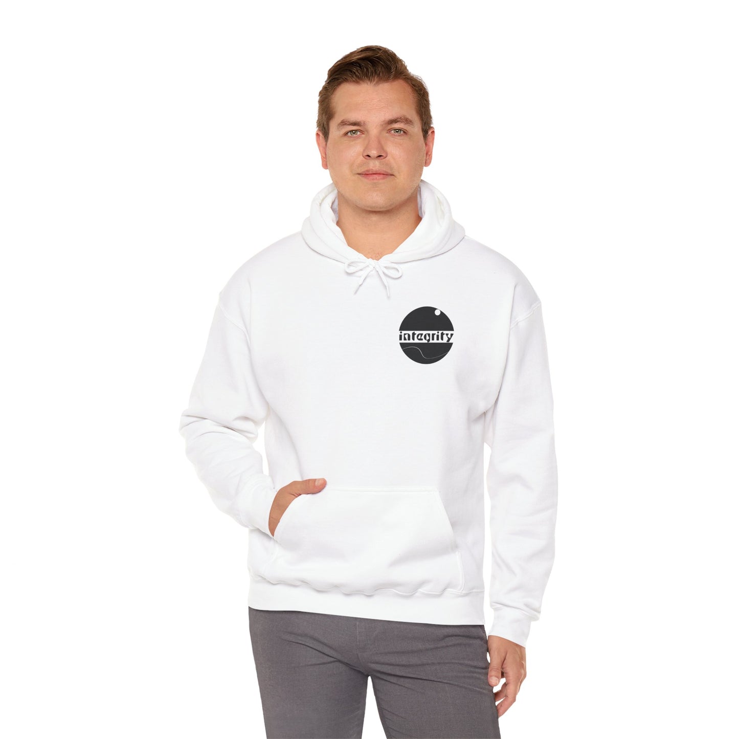 A male model wearing the white integrity hoodie showing the bold design in the upper left chest, the pockets, and the drawstring design.
