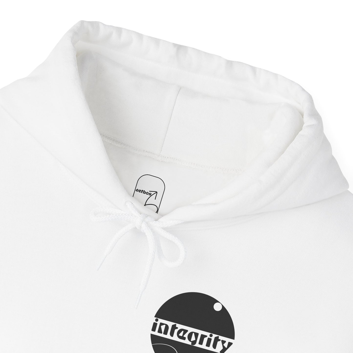 A detailed close-up view of the collar and hood showing the inside label and care instructions.