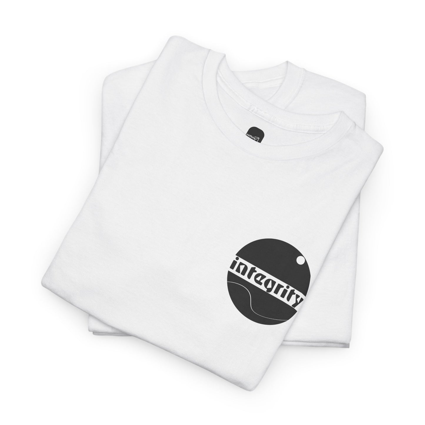 A detail folded view of the 100% cotton t-shirt and the bold circulat design with the word Integrity.