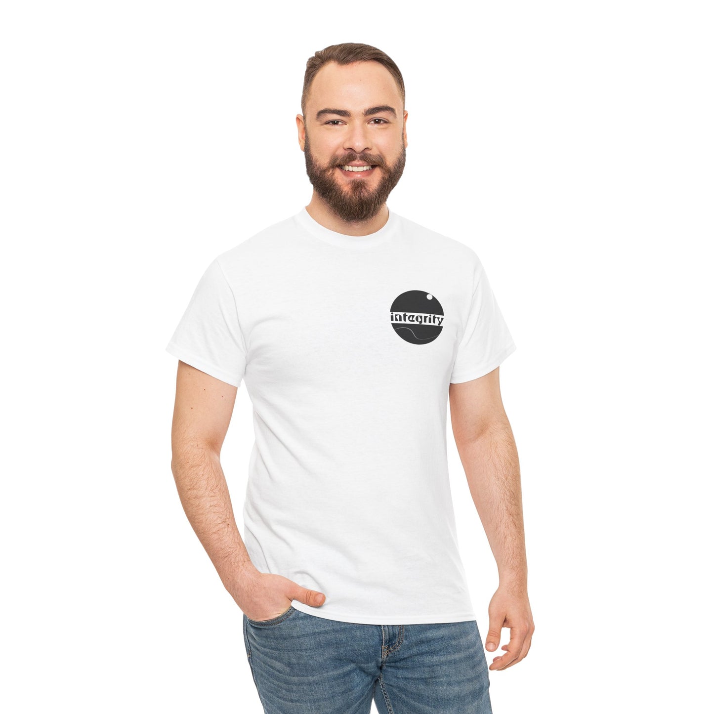A front view of the white Integrity line 100% cotton t-shirt by Aethos Clothing showing a male model wearing the bold design POD t-shirt.