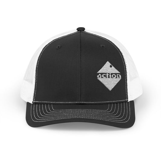 A front view of the snap back trucker hat by aethos clothing showing the embroidered action logo, stitching, and breathable mesh material. 