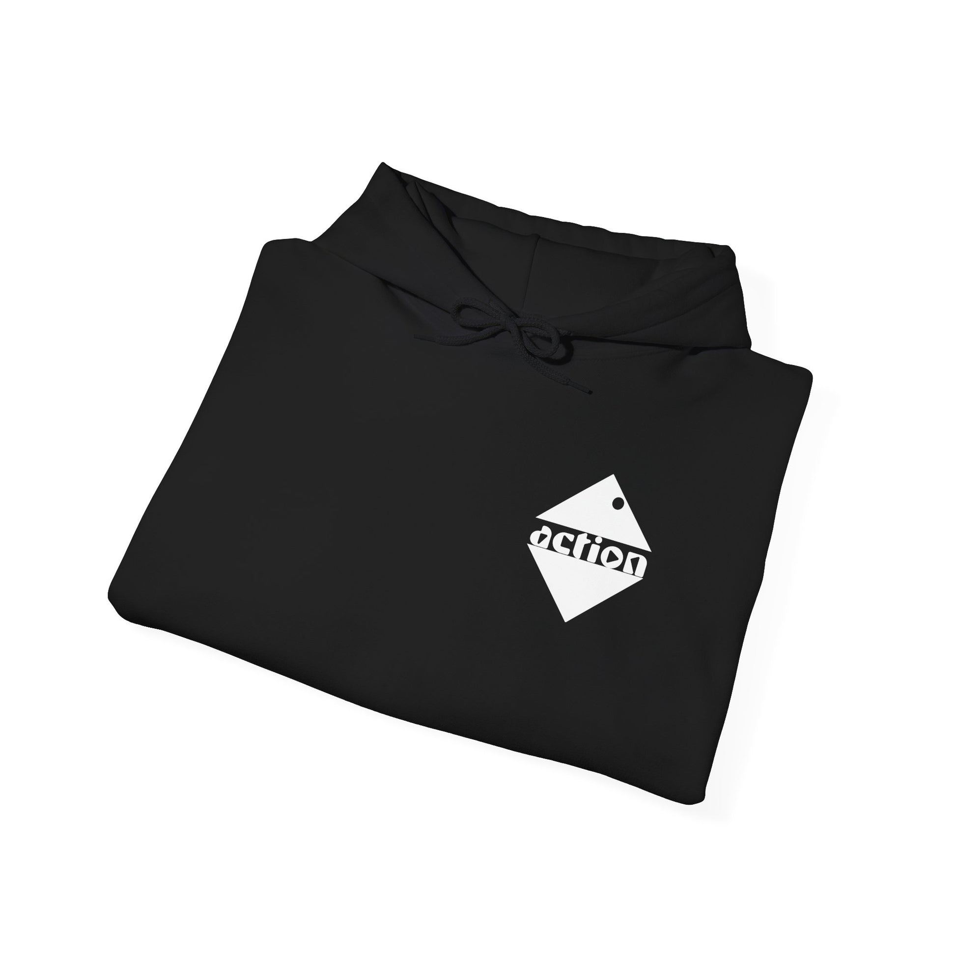 A close-up detail view of the black action hoodie showing a clear view of the action logo on the upper left chest and drawstring design. 