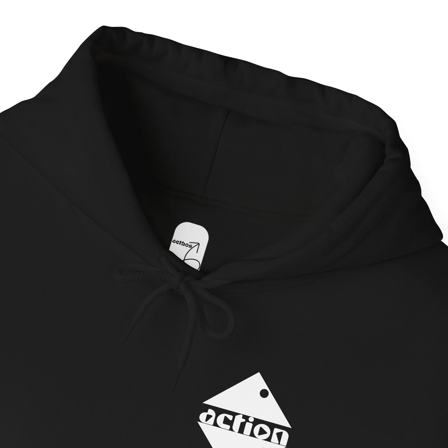 A close-up detail view of the collar and label of the black action hoodie showing the aethos logo on the inside collar. 