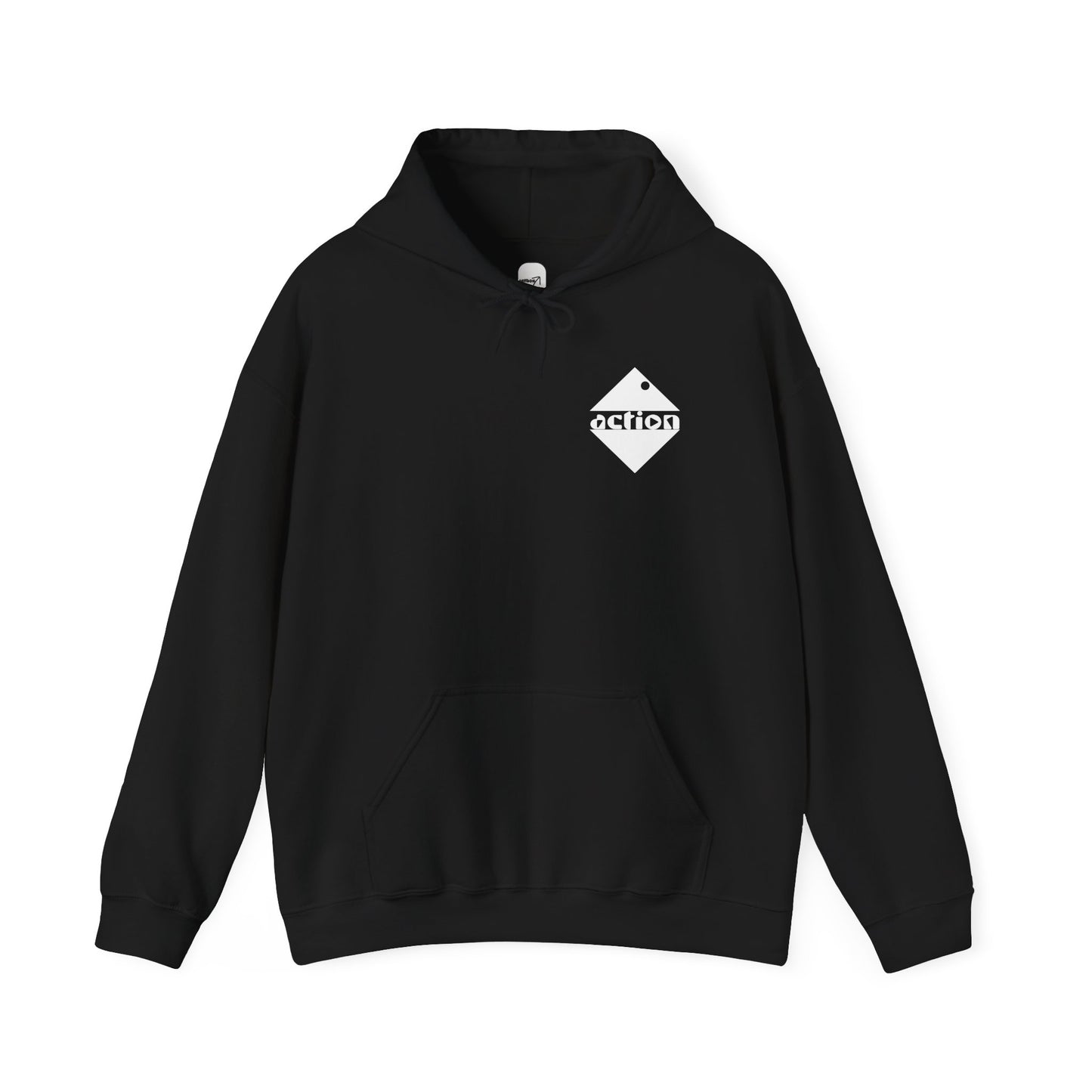 A front view of the black action hoodie showing the bold design on the upper left chest, the drawstring design, and the pocket.