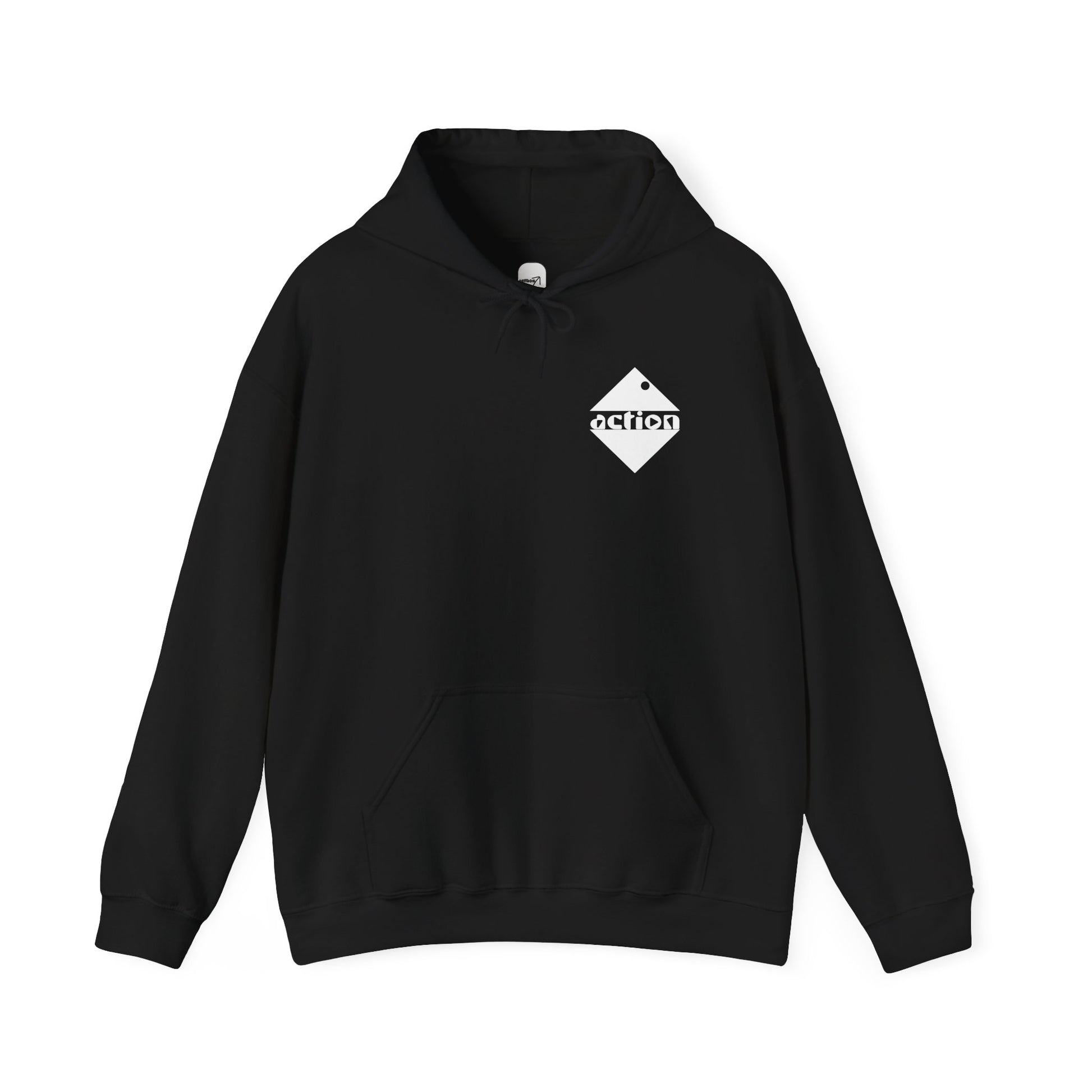 A front view of the black action hoodie showing the bold design on the upper left chest, the drawstring design, and the pocket.