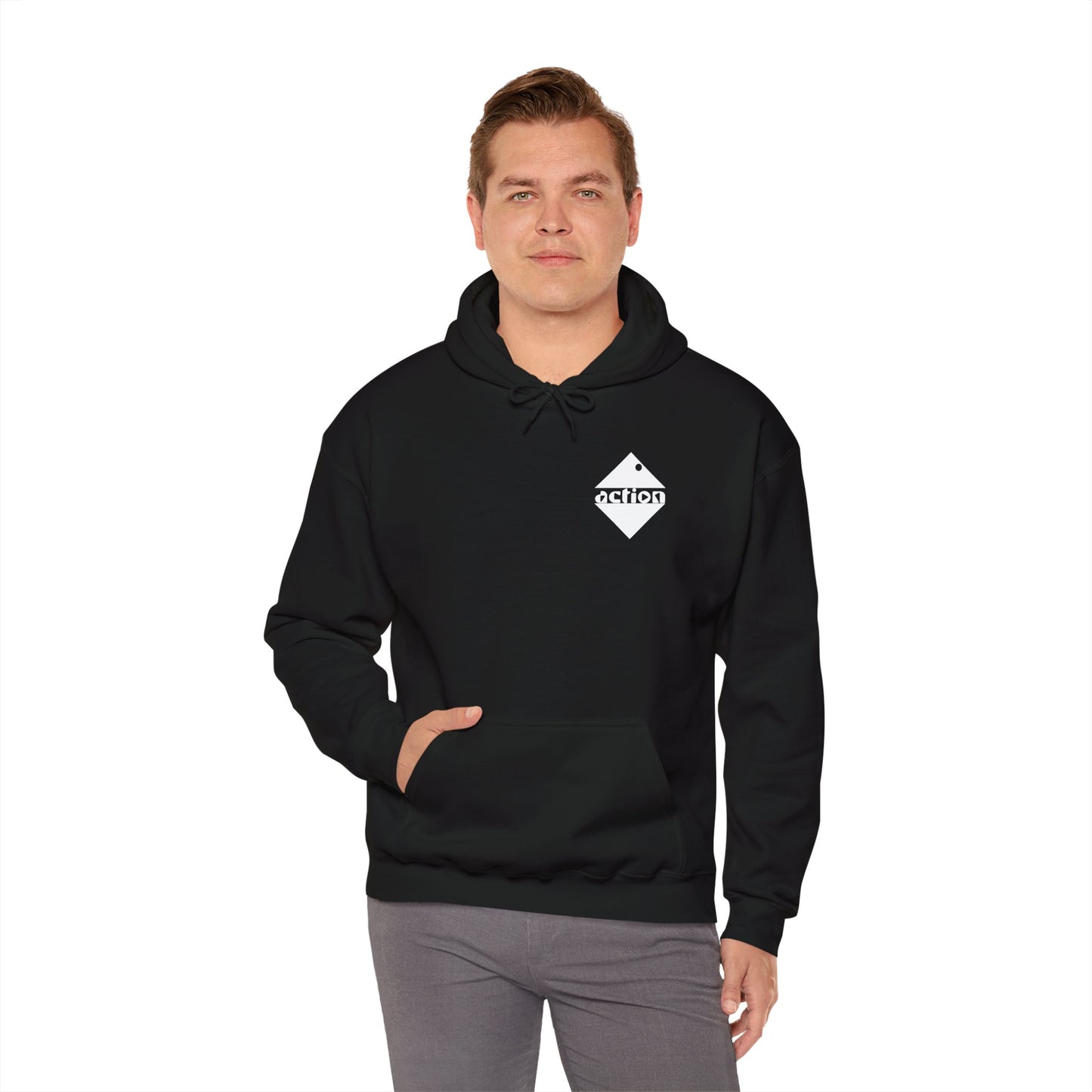 A male model wearing the lack action hoodie showing the bold action logo on the upper left chest and the big pocket across the waist. 