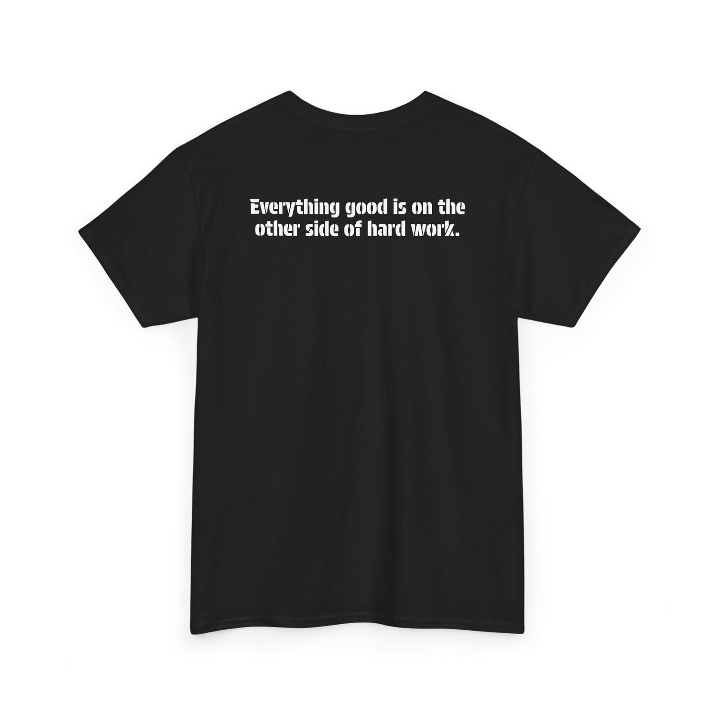 A back view of the black action cotton t-shirt showing the flowing material and the motivational quote, "Everything good is on the other side of hard work."