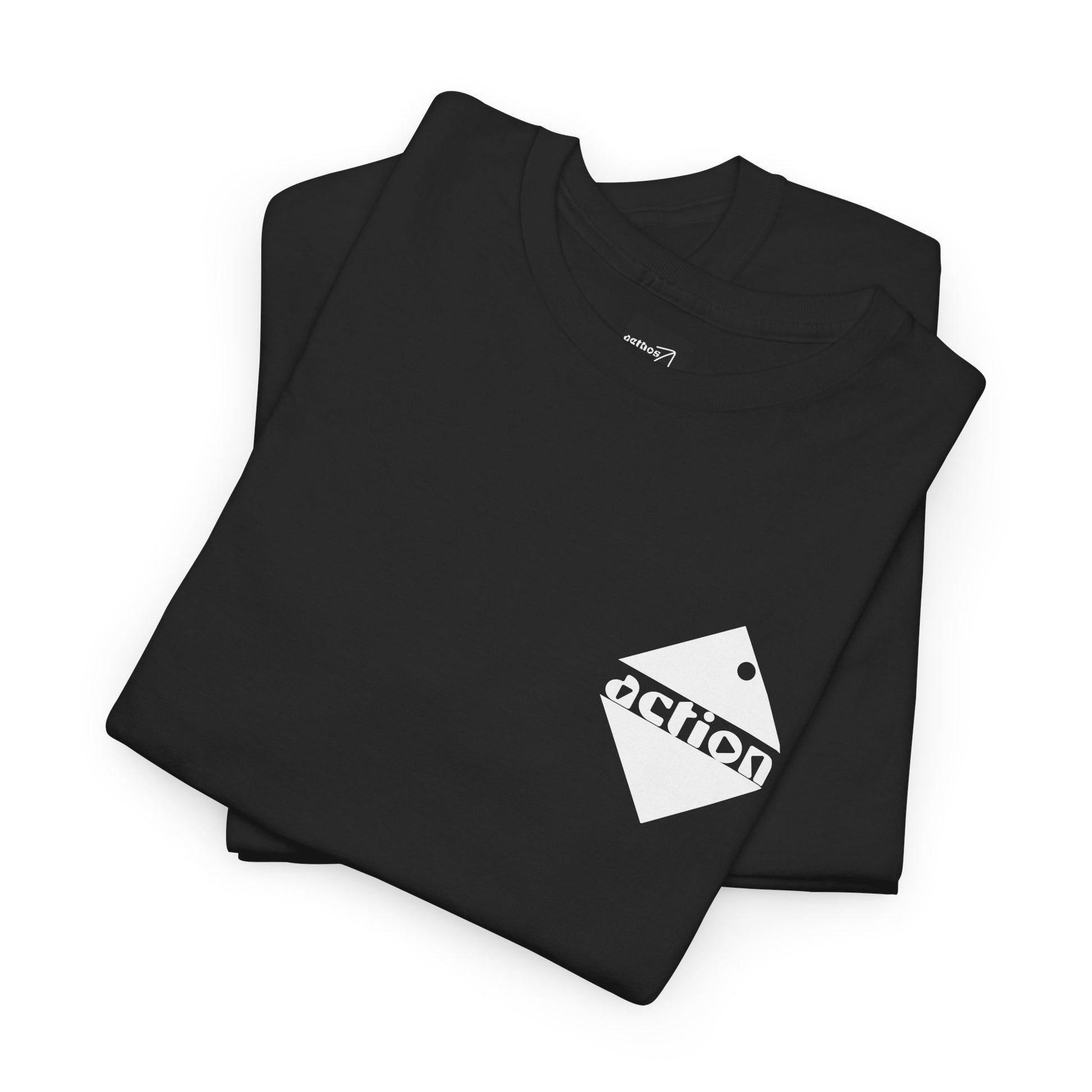 A close-up view of the black action t-shirt folded up giving a clear view of the action design on the upper left chest. 