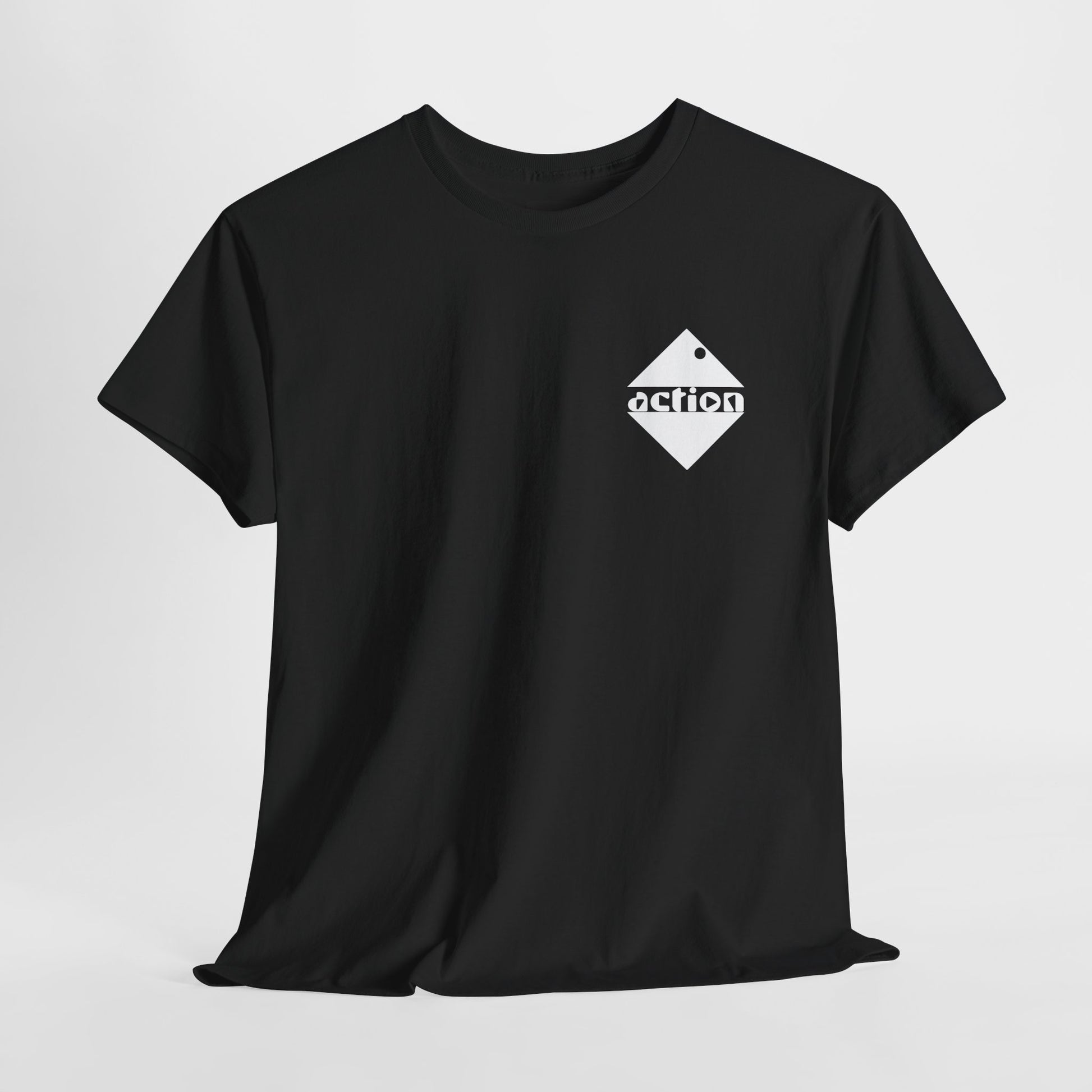 A front view of the lack action cotton t-shirt showing the soft flowing material and the bold action design on the upper left chest. 