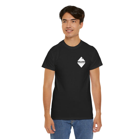 A male model wearing the black action cotton t-shirt showing the bold design on the upper left chest. 