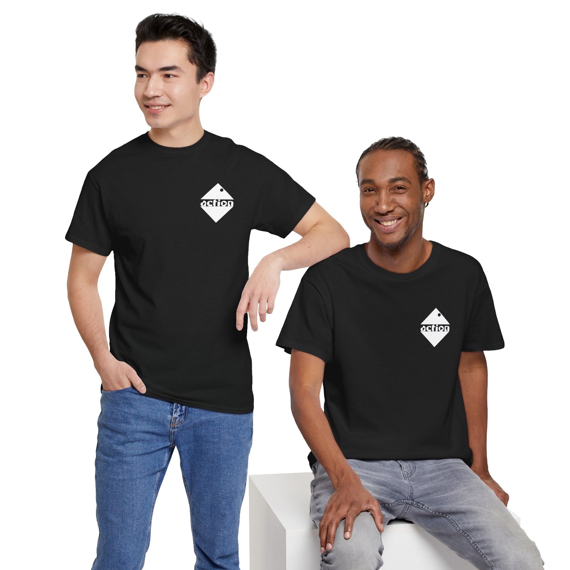 Two male models wearing the action cotton t-shirt and smiling. 