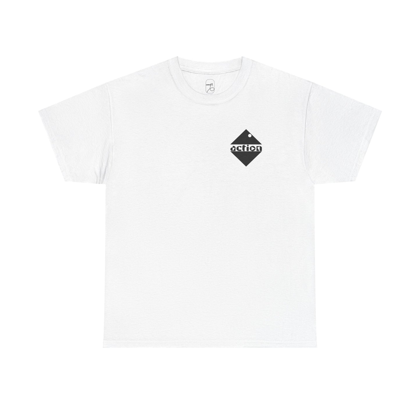 A front view of the action cotton t-shirt showing the bold action design on the upper left chest. 