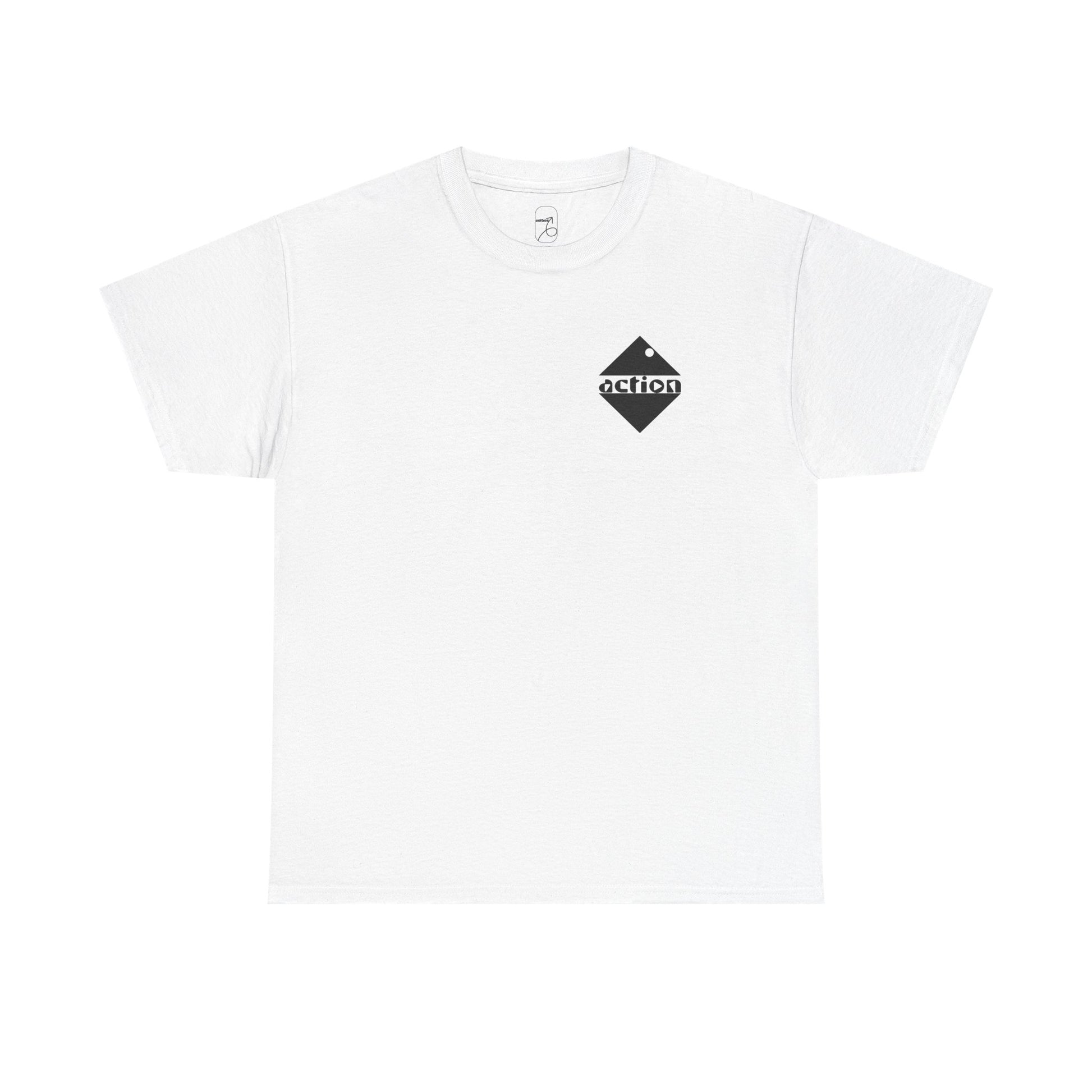 A front view of the action cotton t-shirt showing the bold action design on the upper left chest. 