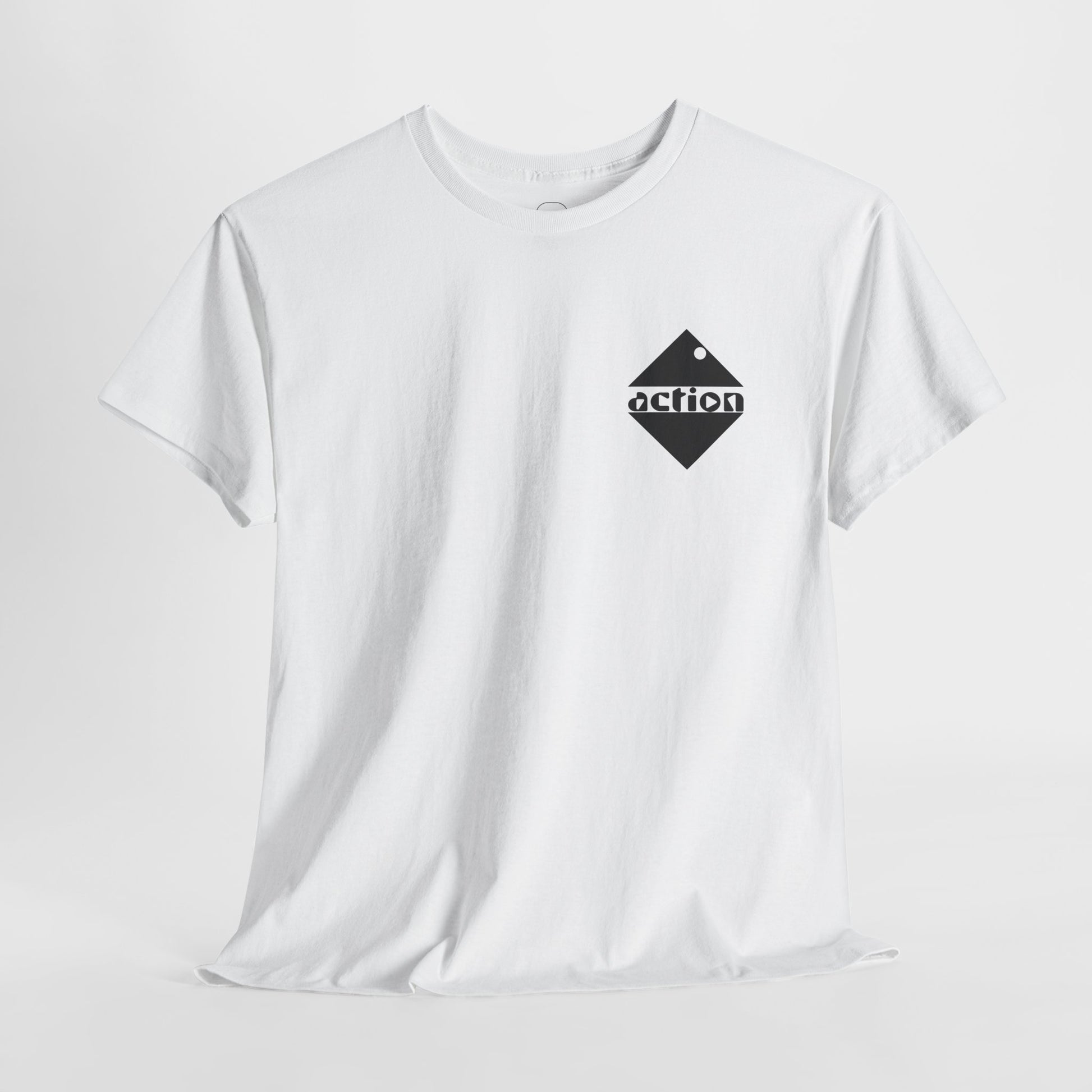 A front view of the white cotton t-shirt showing the soft material flow and the bold design on the upper left chest. 