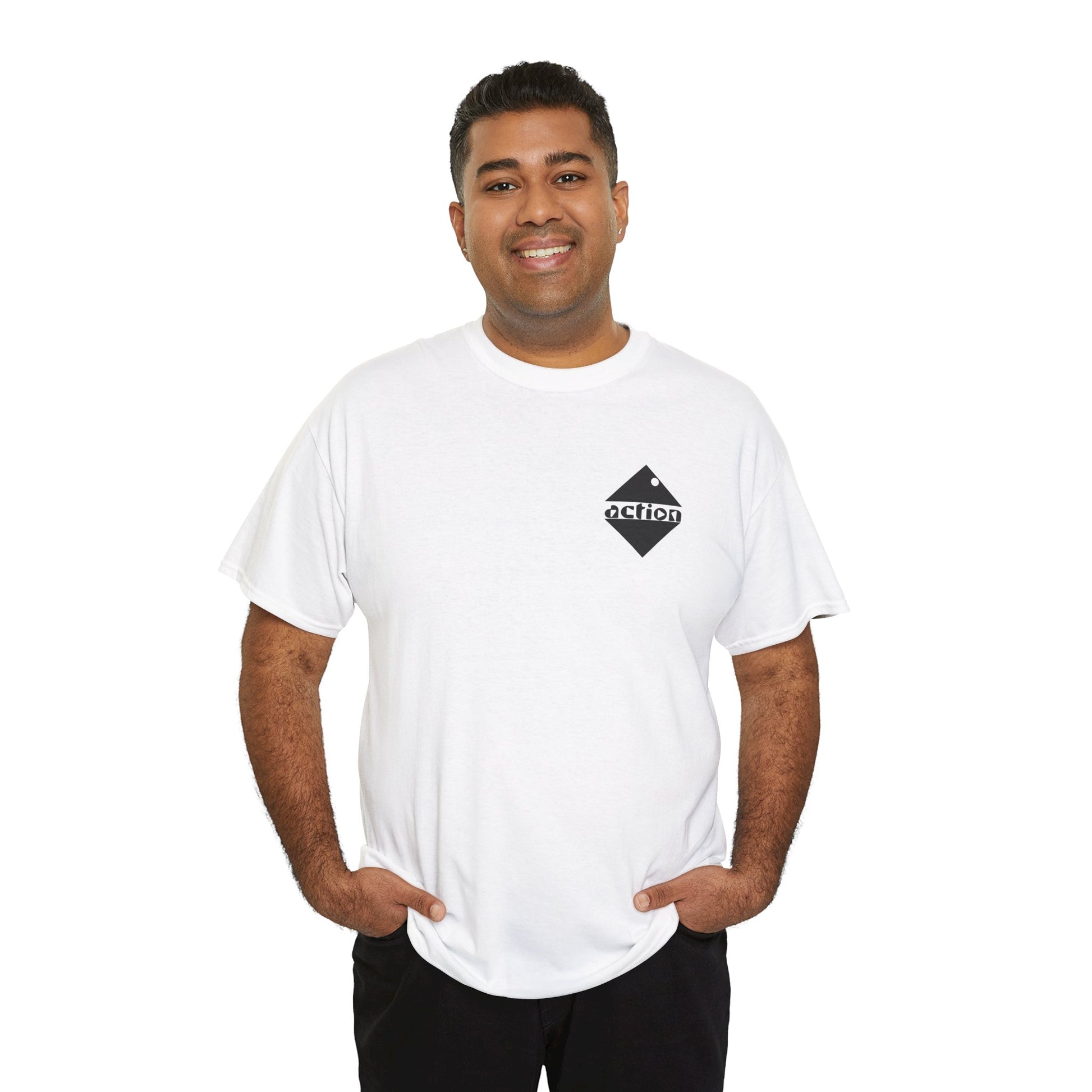 A male model wearing the action cotton t-shirt showing the bold action logo on the upper left chest. 