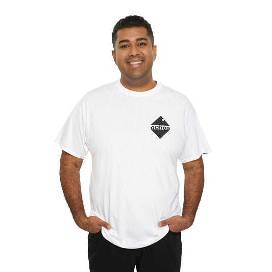 A male model wearing the action cotton t-shirt showing the bold action logo on the upper left chest. 