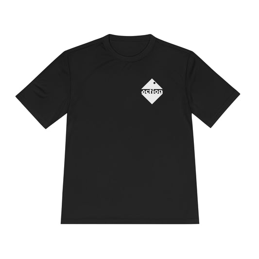 A front view of the t-short with the bold design on the upper left chest. 