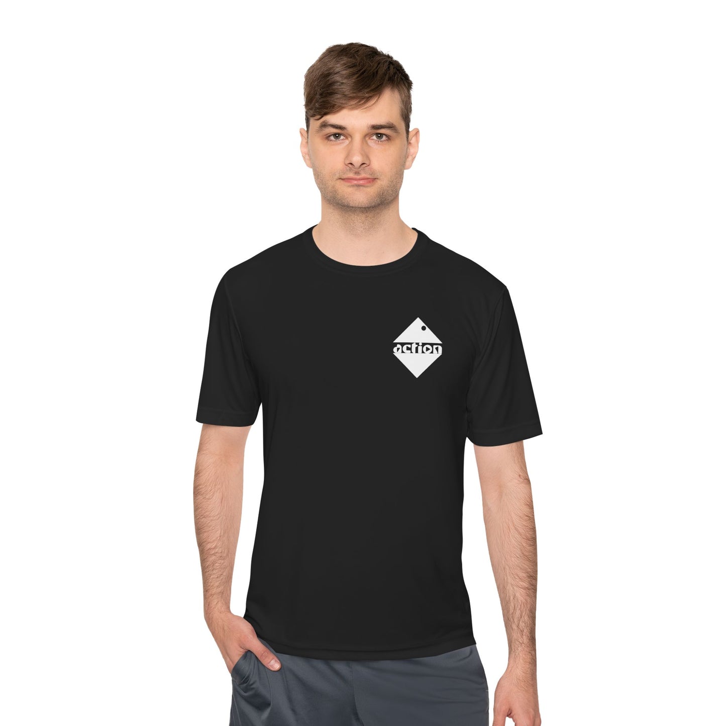 A front view of a male model wearing the t-shirt with bold design on the upper left chest. 