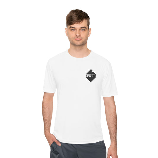 A male model wearing the white t-shirt with bold design on left front.