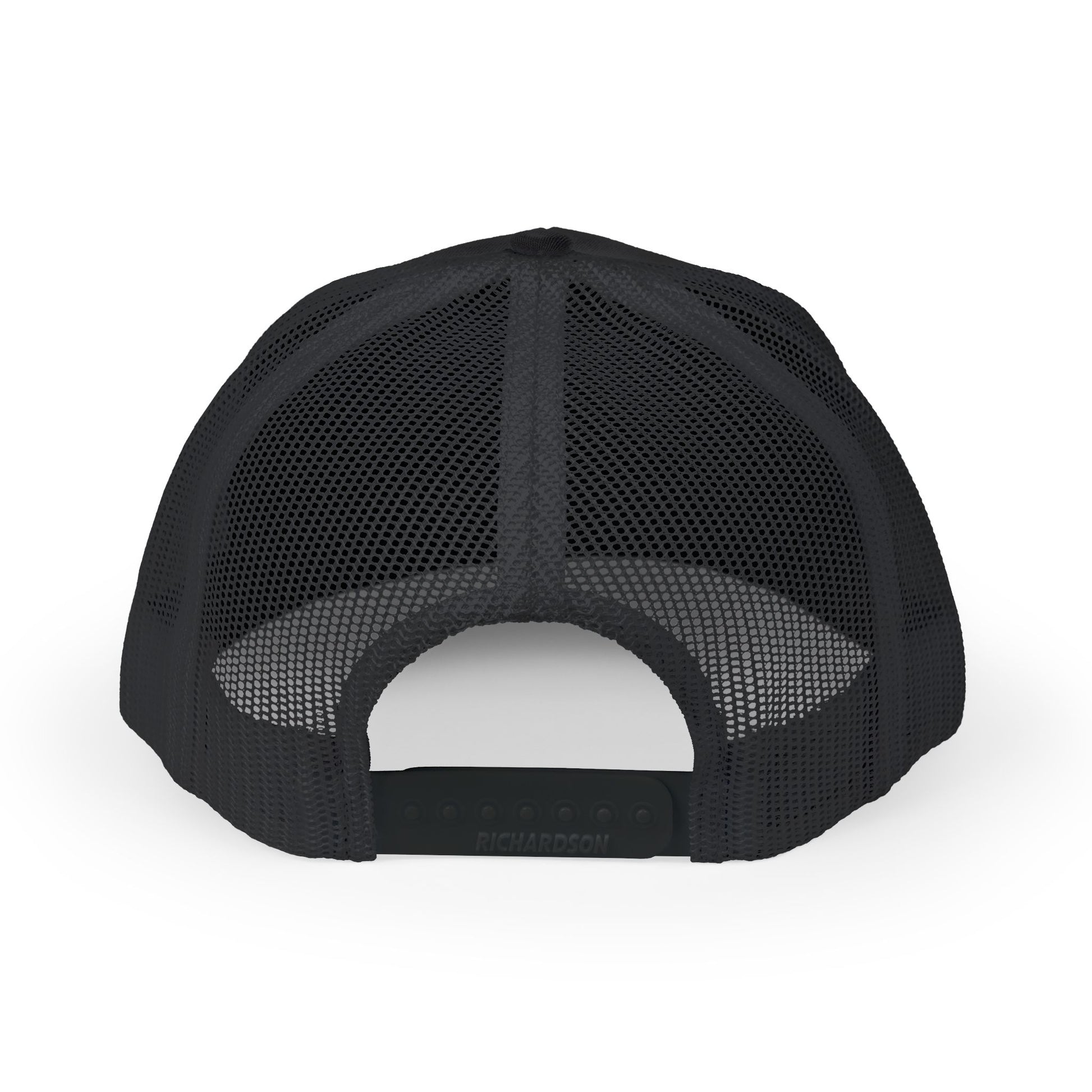 A back view of the trucker hat showing the adjustable snapback design and breathable mesh material. 