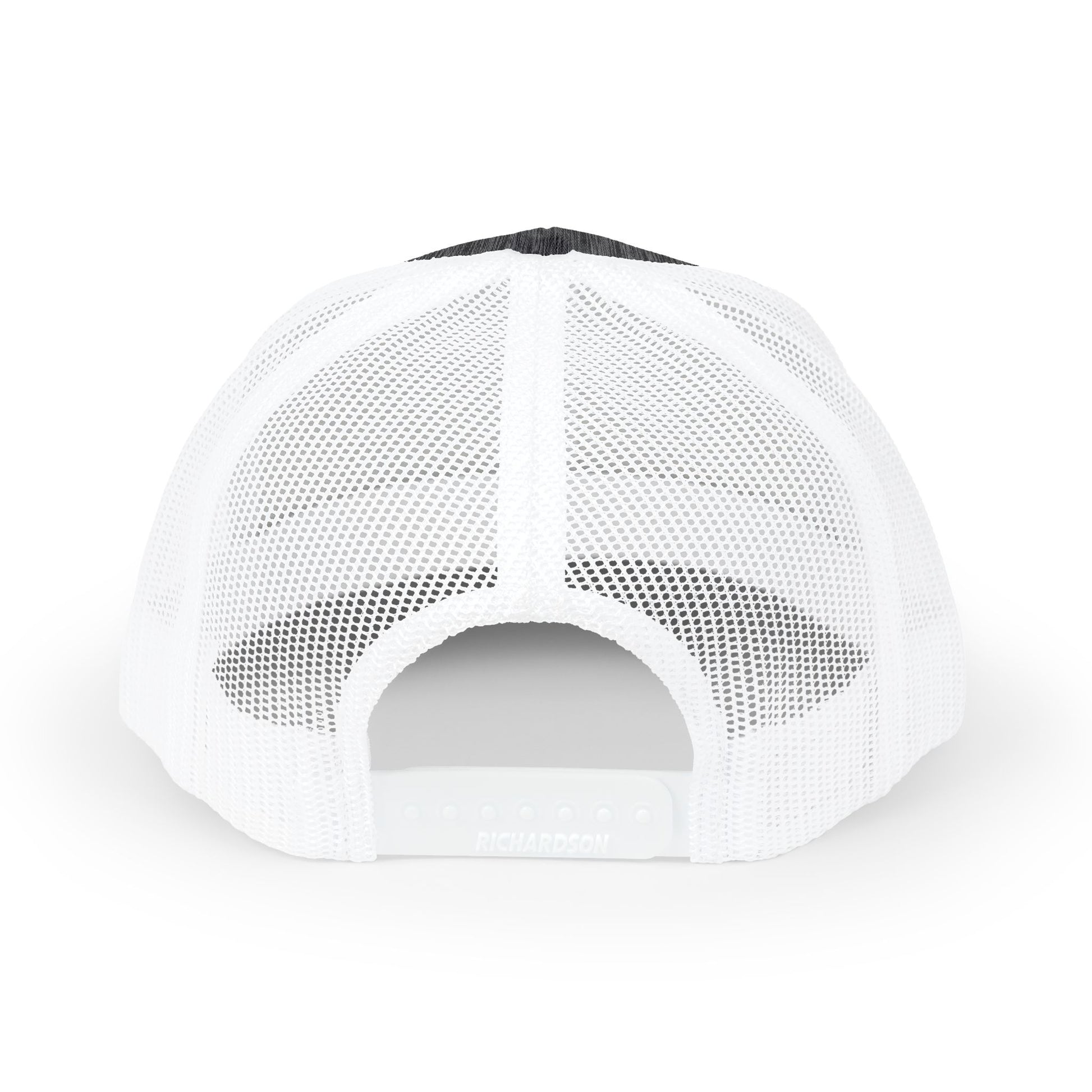 A back view of the trucker hat showing the snap back design and breathable mesh material.