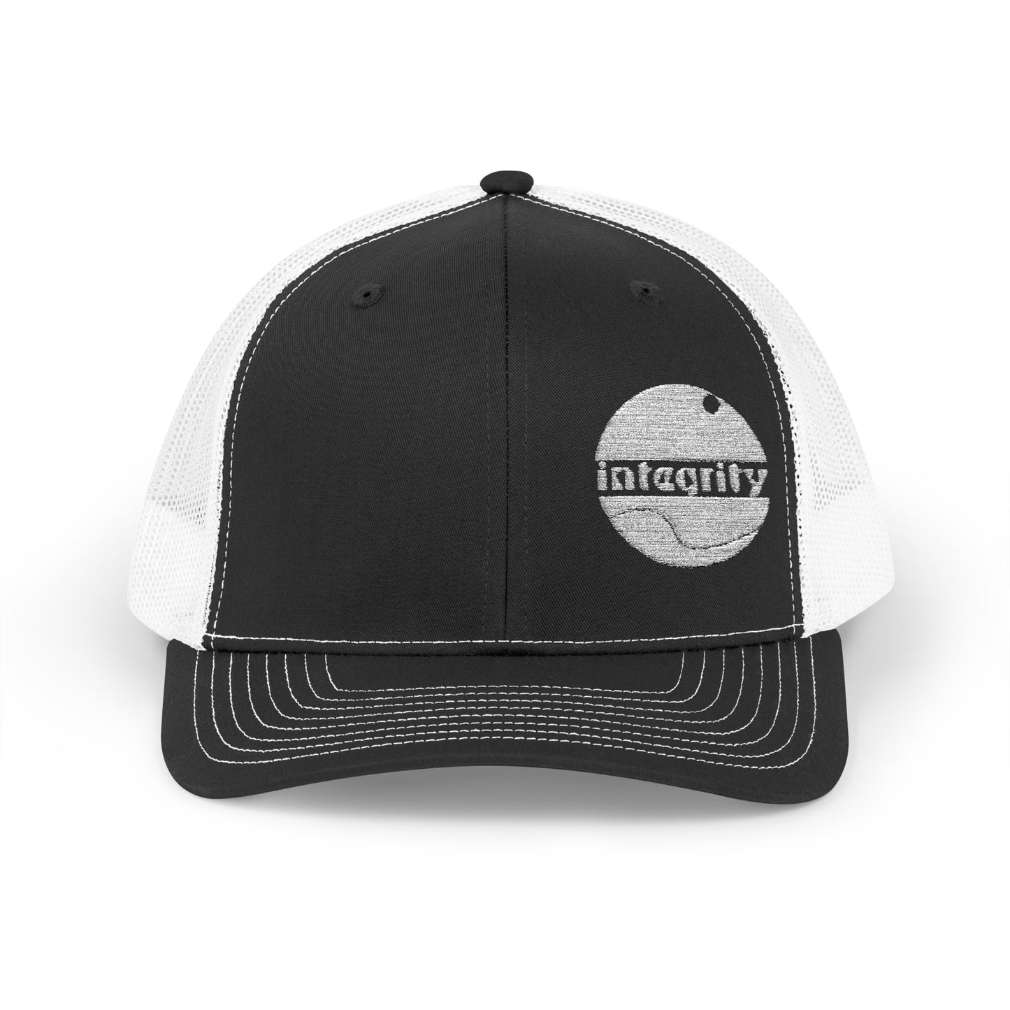 A front view of the black and white snap back trucker hat showing the embroidered integrity design and the breathable mesh material. 