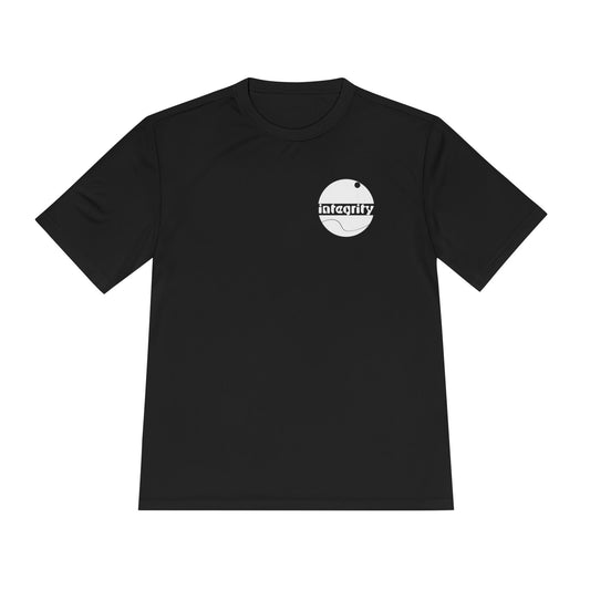 A front view of the t-shirt with the bold design in the upper left corner.