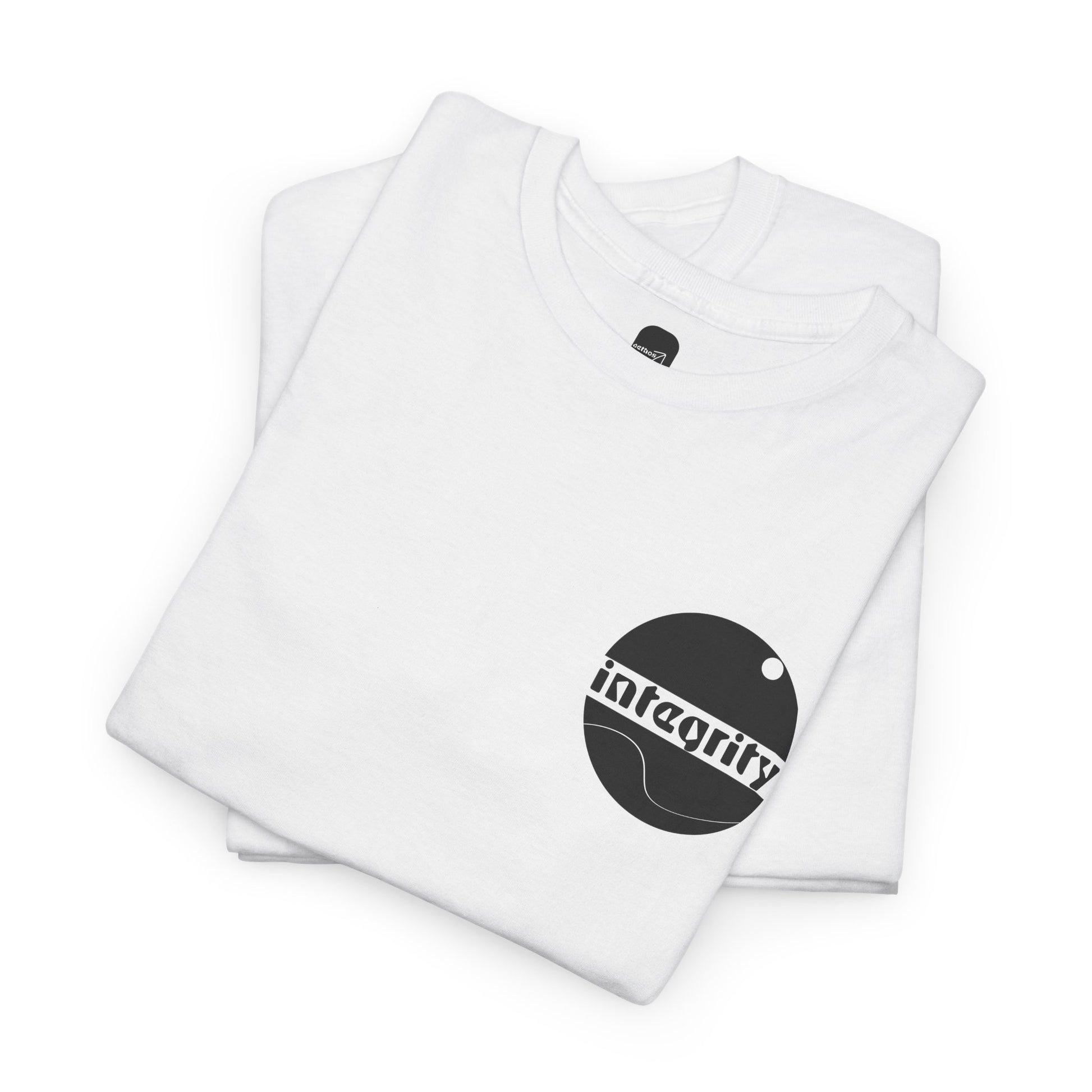 A detail folded view of the 100% cotton t-shirt and the bold circulat design with the word Integrity.